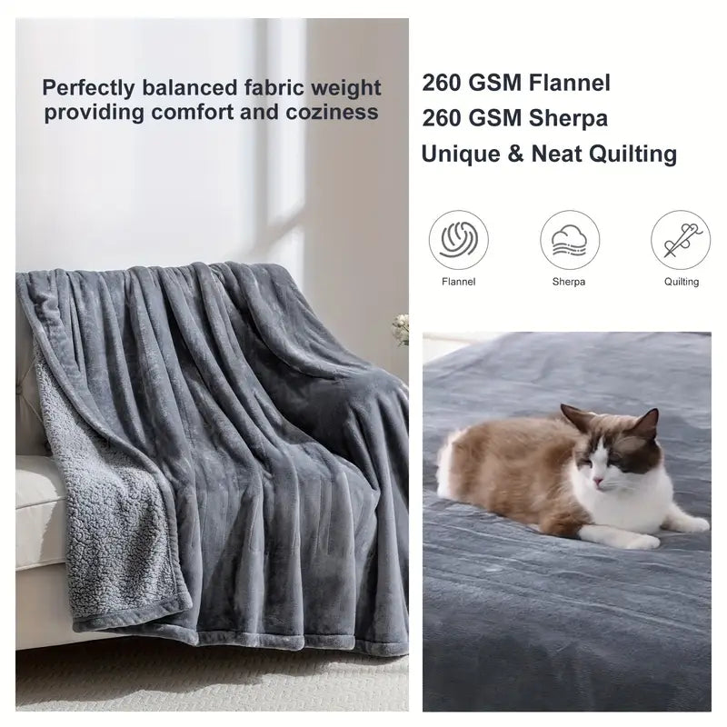 Cozy Flannel Electric Blanket - 6 Heat Settings, Auto Shut-Off, Grey